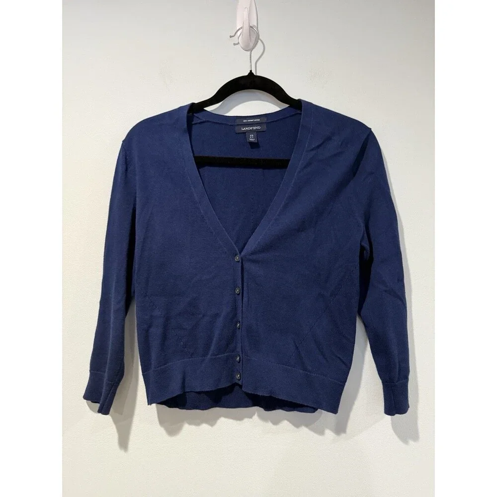 Lands End Cardigan Womens XS/S Blue 3/4 Sleeve Collegiate Preppy Academia Cotton